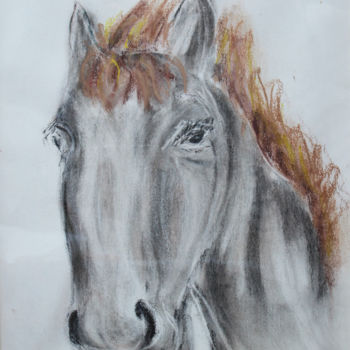 Drawing titled "Le cheval gris" by Alochka, Original Artwork, Pastel