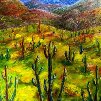 Malerei mit dem Titel "Cactus,Desert lands…" von Alona Santhorieieva, Original-Kunstwerk, Öl Auf Andere starre Platte montie…