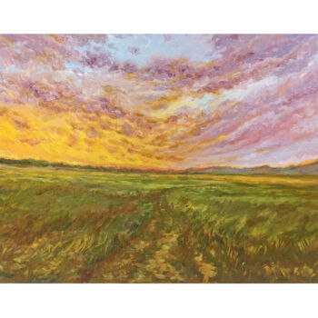 Pintura titulada "Sunset  field oil p…" por Alona Santhorieieva, Obra de arte original, Oleo