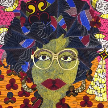 Textile Art titled "Soul sister" by Kwame Akpokavi, Original Artwork, Collages Mounted on Wood Stretcher frame