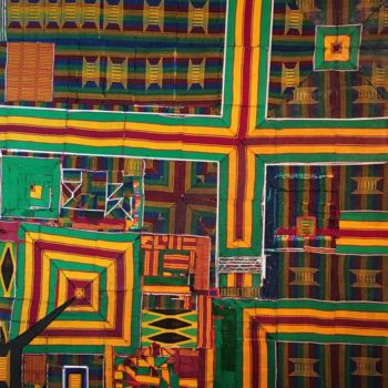 Textile Art titled "Sankofa, picking up…" by Kwame Akpokavi, Original Artwork, Collages Mounted on Wood Stretcher frame