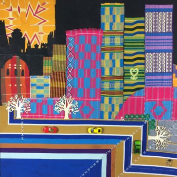Textile Art titled "Afritecture" by Kwame Akpokavi, Original Artwork, Collages Mounted on Wood Stretcher frame