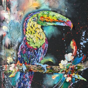 Painting titled "Exotic toucan on a…" by Alrandir, Original Artwork, Oil Mounted on Wood Stretcher frame
