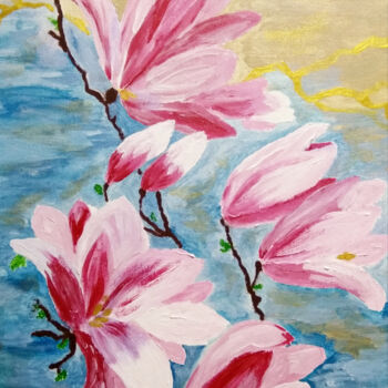 Painting titled "Magnolia" by Alsou Amalia, Original Artwork, Acrylic Mounted on Cardboard