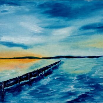 Painting titled "Sunset and Bridge" by Alsou Amalia, Original Artwork, Oil Mounted on Wood Stretcher frame