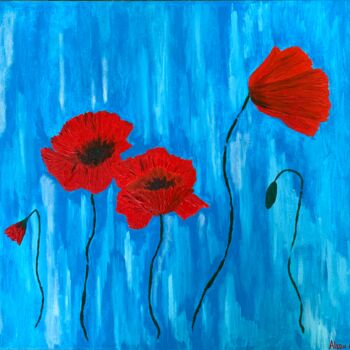 Painting titled "Poppies" by Alsou Amalia, Original Artwork, Oil Mounted on Wood Stretcher frame