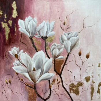Painting titled "Magnolia branches" by Alsu Vagidullina, Original Artwork, Oil Mounted on Wood Stretcher frame
