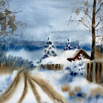 Malarstwo zatytułowany „Winter Forest” autorstwa Alsu Vagidullina, Oryginalna praca, Akwarela