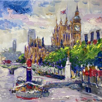 Painting titled "London and River Th…" by Altin Furxhi, Original Artwork, Acrylic Mounted on Wood Stretcher frame