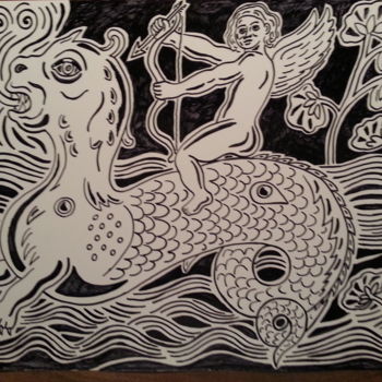 Dessin intitulée "Angel y dragon" par Alvaro Garcia Caze, Œuvre d'art originale, Marqueur