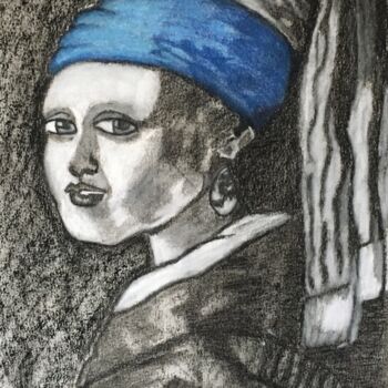 Desenho intitulada "La joven de la perl…" por Marco Antonio Moreno, Obras de arte originais, Grafite
