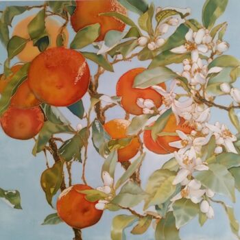 Painting titled "Silk flowers orange…" by Alyona Shpendik, Original Artwork, Fabric