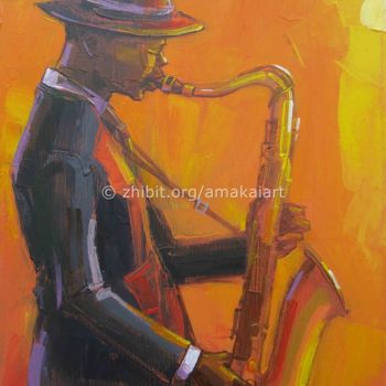 Schilderij getiteld "man-on-sax" door Amakai Quaye, Origineel Kunstwerk