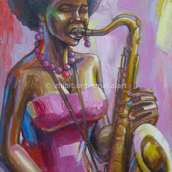 Pintura intitulada "afro-woman-on-sax" por Amakai Quaye, Obras de arte originais