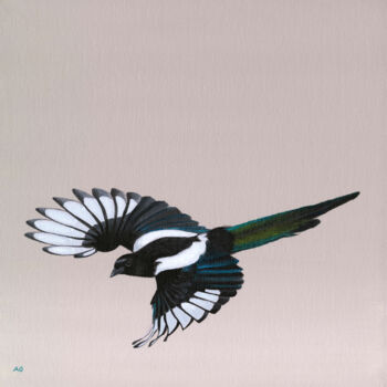 Malerei mit dem Titel "Magpie in Flight" von Amanda Gosse, Original-Kunstwerk, Acryl