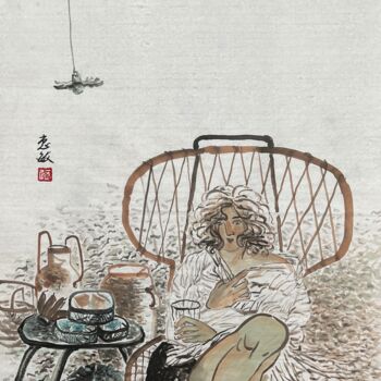 Painting titled "闲坐庭前听落花" by Amanda Ye, Original Artwork, Pigments