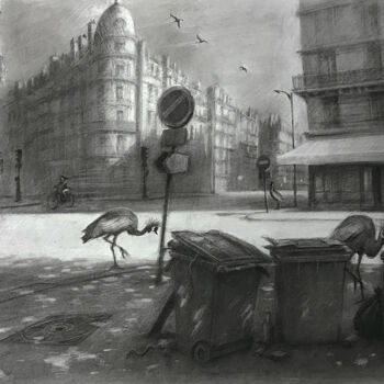 Dibujo titulada "Les grues" por Amaury Brumauld, Obra de arte original, Carbón