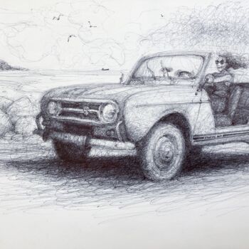 Disegno intitolato "Renault 4l plein air" da Amaury Brumauld, Opera d'arte originale, Biro