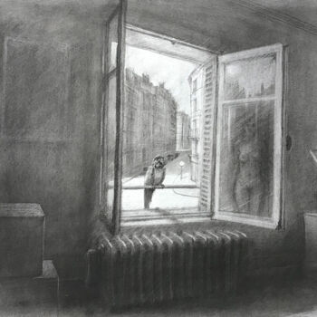 Disegno intitolato "Le perroquet" da Amaury Brumauld, Opera d'arte originale, Carbone