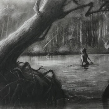 Рисунок под названием "Le cerf blanc" - Amaury Brumauld, Подлинное произведение искусства, Древесный уголь