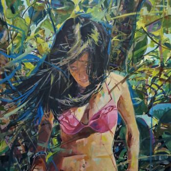 Pintura intitulada "El bikini rosa" por Amaya F Fariza, Obras de arte originais, Óleo Montado em Armação em madeira