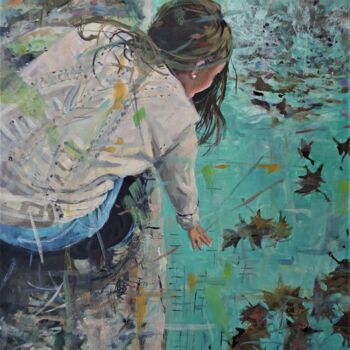 Картина под названием "La piscina en otoño" - Amaya F Fariza, Подлинное произведение искусства, Масло Установлен на Деревянн…