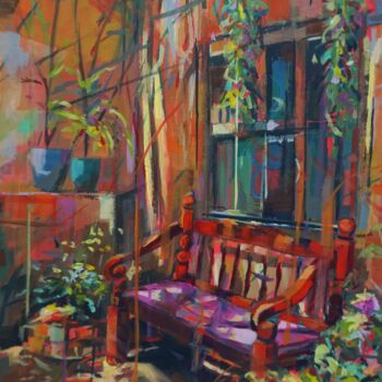 Painting titled "En el patio" by Amaya F Fariza, Original Artwork, Oil Mounted on Wood Stretcher frame