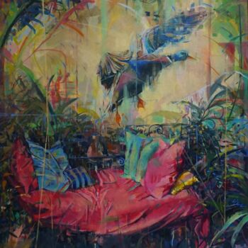 Картина под названием "El vuelo del pato" - Amaya F Fariza, Подлинное произведение искусства, Масло Установлен на Деревянная…