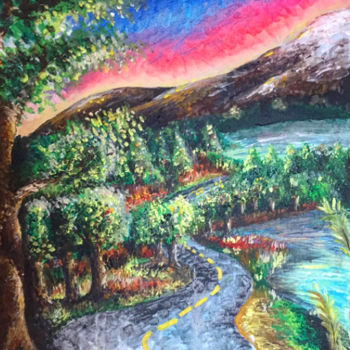 Peinture intitulée "Route et montagne" par Ambre Laurent, Œuvre d'art originale, Acrylique