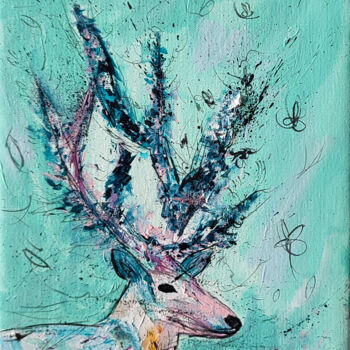 Painting titled "Blue cerf - tableau…" by Âme Sauvage, Original Artwork, Acrylic Mounted on Wood Stretcher frame