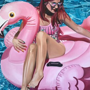 Painting titled "Flamingo in the pool" by Amélie Bourbon, Original Artwork, Oil Mounted on Wood Stretcher frame