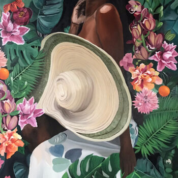 Schilderij getiteld "Woman with hat" door Amélie Bourbon, Origineel Kunstwerk, Olie Gemonteerd op Frame voor houten brancard