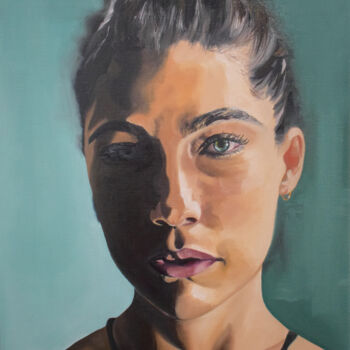 Painting titled "PORTRAIT VERT" by Amélie Bourbon, Original Artwork, Oil Mounted on Wood Stretcher frame