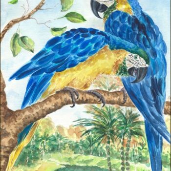 Painting titled "Blue Macaws" by Amelly Abraham, Original Artwork