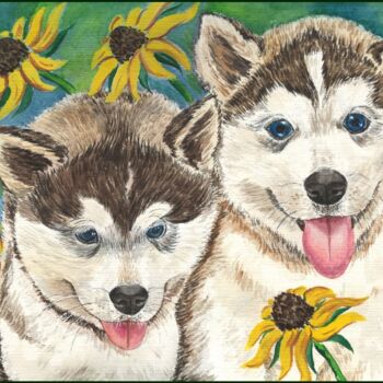 Painting titled "Siberian Huskies" by Amelly Abraham, Original Artwork