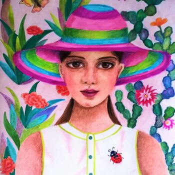 Dessin intitulée "Iris avec chapeau" par Amena Nathan, Œuvre d'art originale, Marqueur