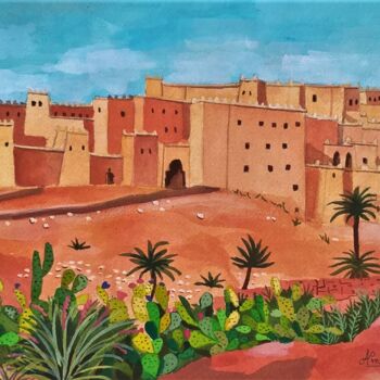 Peinture intitulée "paysage Ouarzazate" par Amena Nathan, Œuvre d'art originale, Gouache