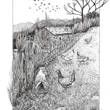 Dessin intitulée "Les poules" par Amena Nathan, Œuvre d'art originale, Encre