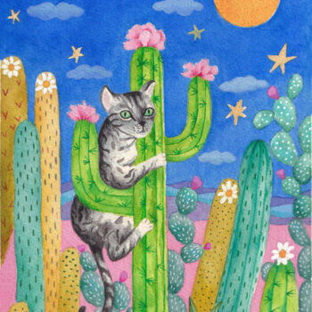 Painting titled "Chat et cactus" by Amena Nathan, Original Artwork, Watercolor