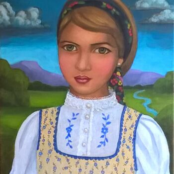 Malerei mit dem Titel "Fillette au foulard." von Amena Nathan, Original-Kunstwerk, Acryl