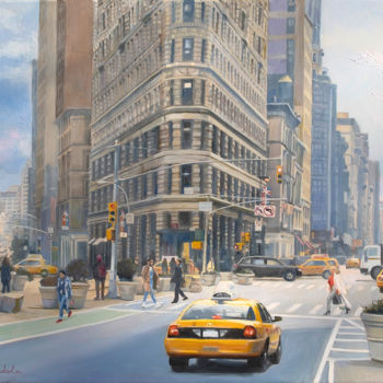 Painting titled "Manhattan Cityscape…" by Dominique Amendola (Amendolaart), Original Artwork, Oil Mounted on Wood Stretcher…