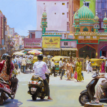 Peinture intitulée "City Market In Bang…" par Dominique Amendola (Amendolaart), Œuvre d'art originale, Huile Monté sur Châss…