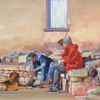 Painting titled "3 guys with a dog (…" by Dominique Amendola (Amendolaart), Original Artwork, Oil Mounted on Wood Stretcher…