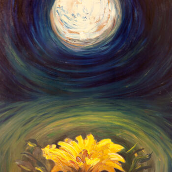 Schilderij getiteld "Moon and Sunflower…" door Amgad Edward, Origineel Kunstwerk, Olie
