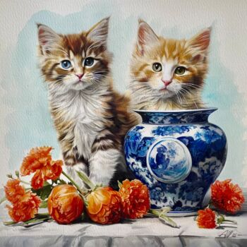 Painting titled "Dutch kittens" by Amirata Winter, Original Artwork, Watercolor