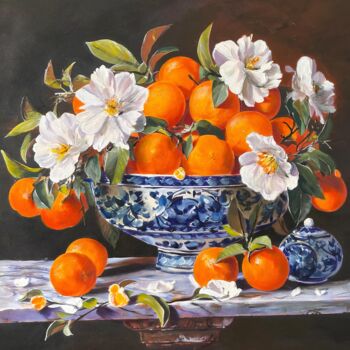 Painting titled "Oranges still life" by Amirata Winter, Original Artwork, Acrylic Mounted on Wood Stretcher frame