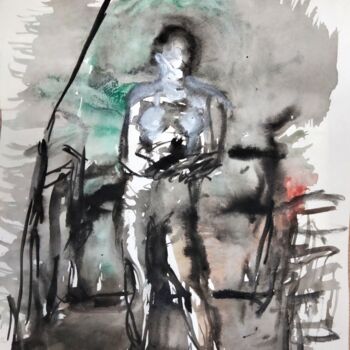 Painting titled ""Standing woman in…" by Amit Ari, Original Artwork, Gouache
