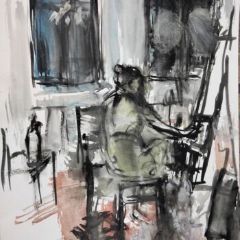 Painting titled ""In the studio"" by Amit Ari, Original Artwork, Gouache