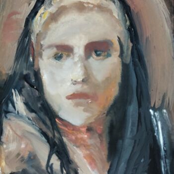 Pittura intitolato ""Woman with a black…" da Amit Ari, Opera d'arte originale, Olio