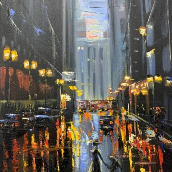 Painting titled "Night City2" by Amix Alena, Original Artwork, Oil Mounted on Wood Stretcher frame